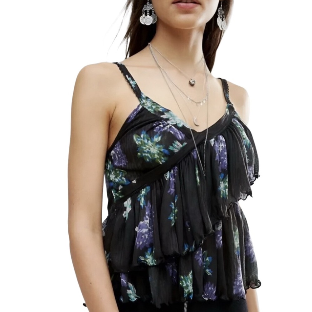 Free People Black, Purple & Green Ruffle Tank, Bohemian Style -S